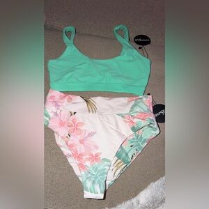 Mint Green Bikini Top with Floral High-Waist Bottom - Women's Swim Set